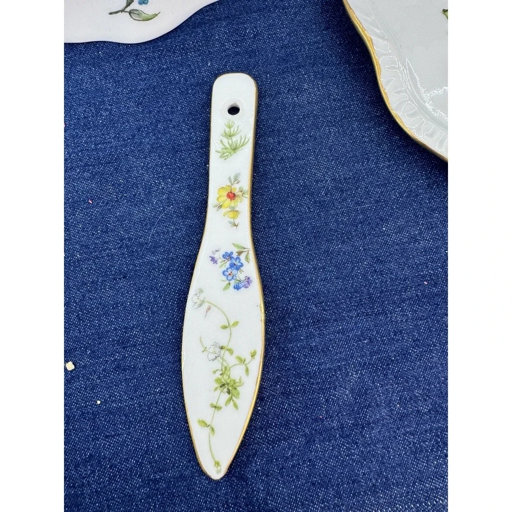 VTG Rare Covered Dish‎ & Knife Set Hand Painted Floral Signed Porcelain Ornate